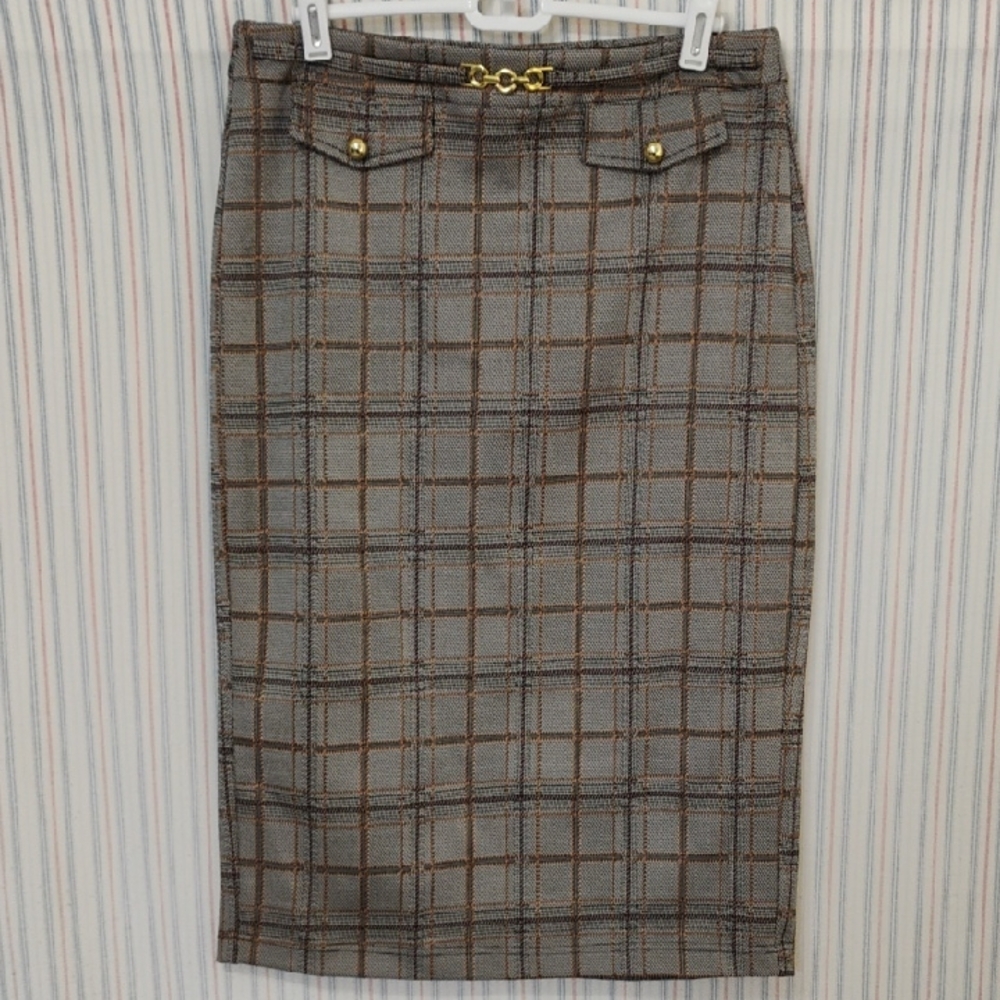 Cato Brown,Tan, Dark Orange, And Dark Rust Plaid Pencil Skirt With Gold Detail S